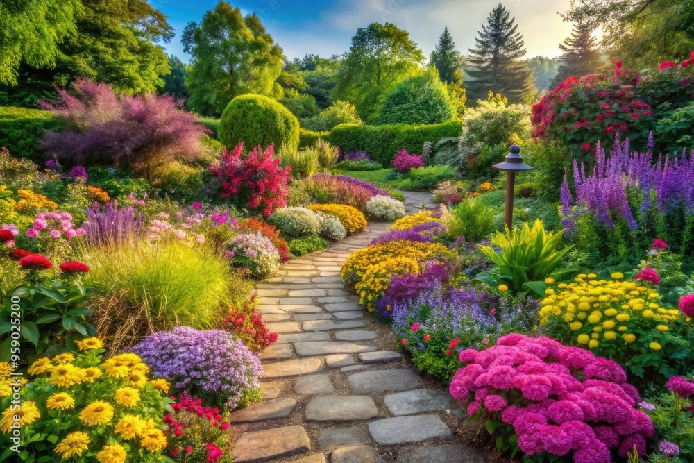 Vibrant blooms of pink, yellow, and purple flowers thrive in a lush, sun-kissed garden, surrounded by lush greenery and delicate stone pathways. Vibrant blooms of pink, yellow, and purple flowers thrive in a lush, sun-kissed garden, surrounded by lush greenery and delicate stone pathways.