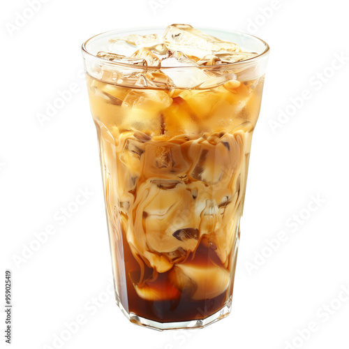 Refreshing iced coffee beverage with ice cubes served in a glass with straw isolated on white transparent background, perfect for summer.