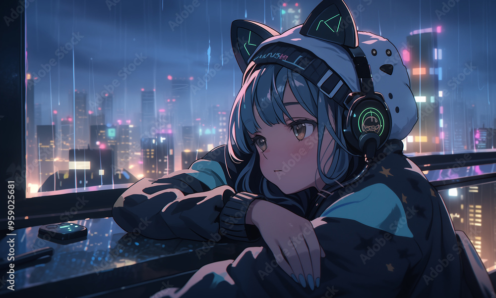anime character with headphones on, relaxing on a rooftop under a starry night sky, 4k , wallpaper anime character with headphones on, relaxing on a rooftop under a starry night sky, 4k , wallpaper