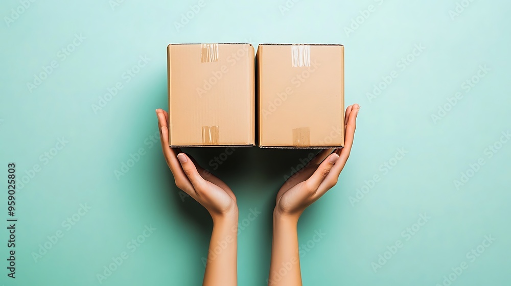Modern Minimalistic Close-up of Hands Holding Cardboard Boxes on Light Green Background with High-Key Lighting - Studio Shot Modern Minimalistic Close-up of Hands Holding Cardboard Boxes on Light Green Background with High-Key Lighting - Studio Shot
