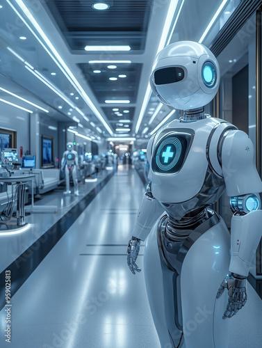 A futuristic AIpowered hospital with robots and advanced diagnostic tools, symbolizing healthcare transformed by AI