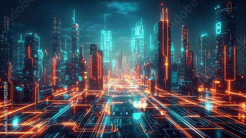 An AI-powered futuristic cityscape with glowing circuit lines running through buildings. which is a symbol of advanced technology