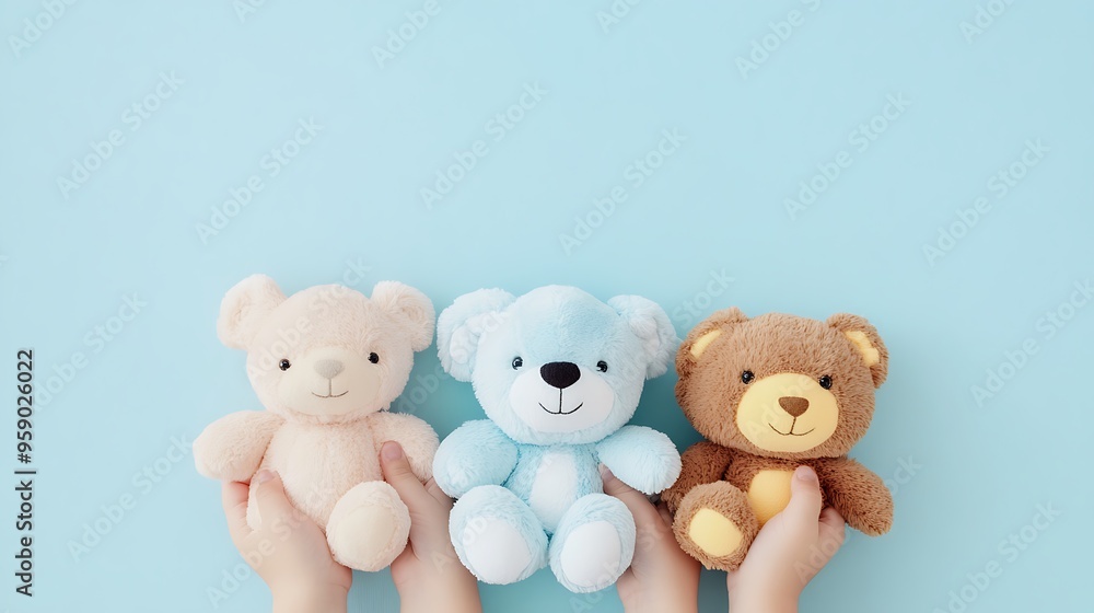 Serene Comfort - Close-up of Hands Holding Plush Toys on Soft Blue Background in Minimalistic Style with High-Key Lighting, Front View Serene Comfort - Close-up of Hands Holding Plush Toys on Soft Blue Background in Minimalistic Style with High-Key Lighting, Front View