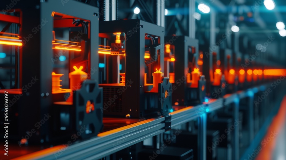 A row of 3D printers in an automated factory setting. The printers are working, with red lights glowing. The image is a close-up shot. A row of 3D printers in an automated factory setting. The printers are working, with red lights glowing. The image is a close-up shot.