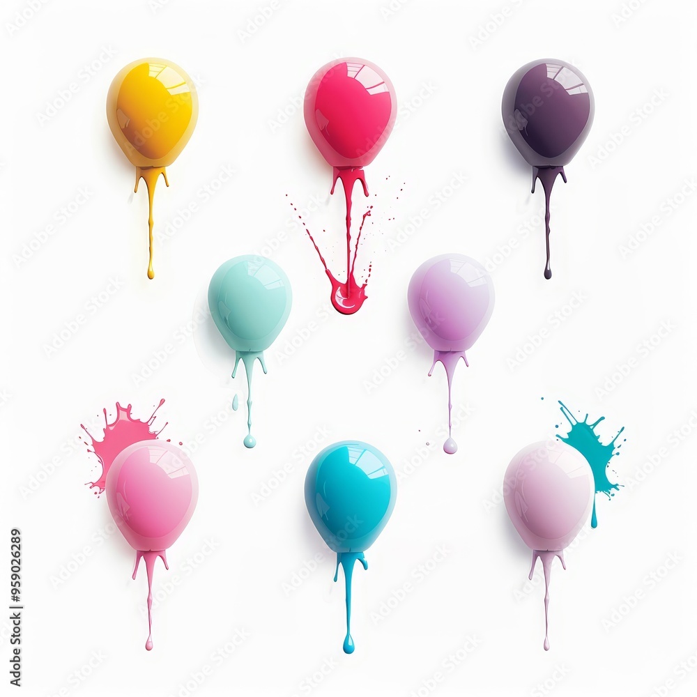 Balloons with paint splashes, creative element, hand-drawn illustration, various shades, isolated on white background Balloons with paint splashes, creative element, hand-drawn illustration, various shades, isolated on white background