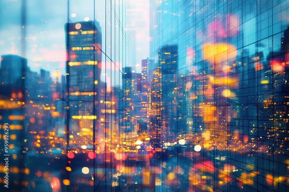 Abstract cityscape at dusk with blurred lights and many modern skyscrapers. Abstract cityscape at dusk with blurred lights and many modern skyscrapers.