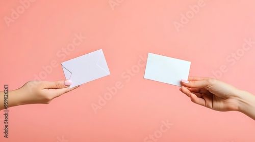 Serene Minimalistic Composition of Hands Holding Greeting Cards on Light Coral Background with High-Key Lighting