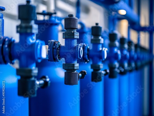 A row of blue industrial pipes and valves in a factory setting.