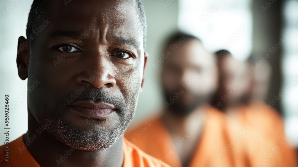 Portrait of a man in an orange prison uniform in a correctional facility Portrait of a man in an orange prison uniform in a correctional facility