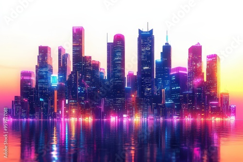 Vibrant city skyline at sunset, showcasing colorful lights reflecting on water, creating a stunning urban atmosphere.