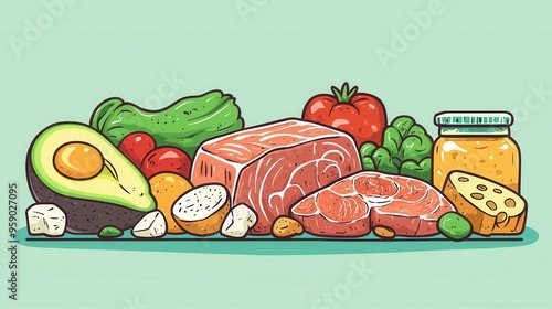 Highprotein foods flat design, front view, ketogenic weight loss theme, cartoon drawing, colored pastel photo