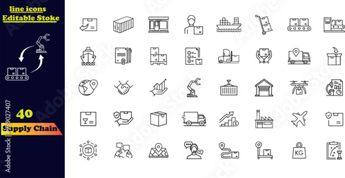 Vector Icon Collection for Supply Chain. This set includes line icons related to the supply chain, value chain, logistics, delivery, manufacturing, and commerce. 