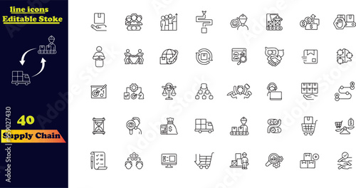 Vector Icon Collection for Supply Chain. This set includes line icons related to the supply chain, value chain, logistics, delivery, manufacturing, and commerce. 