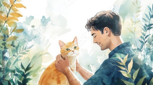 Portrait of a man petting a cat from side view, flat style, nature inspired theme, watercolor, Triadic Color Scheme.