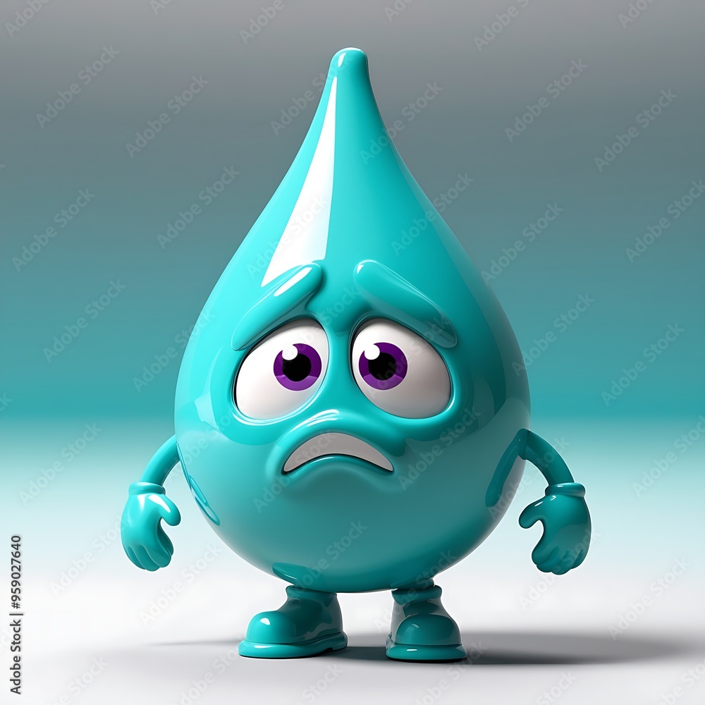 A bright turquoise teardrop with purple eyes and a frowning mouth, against a light gray to turquoise gradient background. A bright turquoise teardrop with purple eyes and a frowning mouth, against a light gray to turquoise gradient background.
