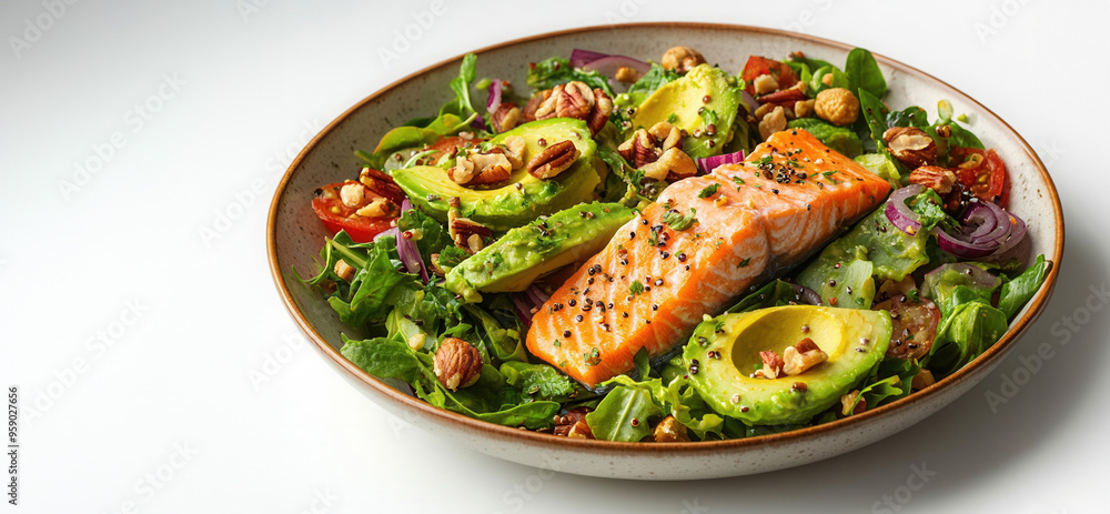 Top view of colorful salad with salmon, full of delicious nutrition, placed on a white background