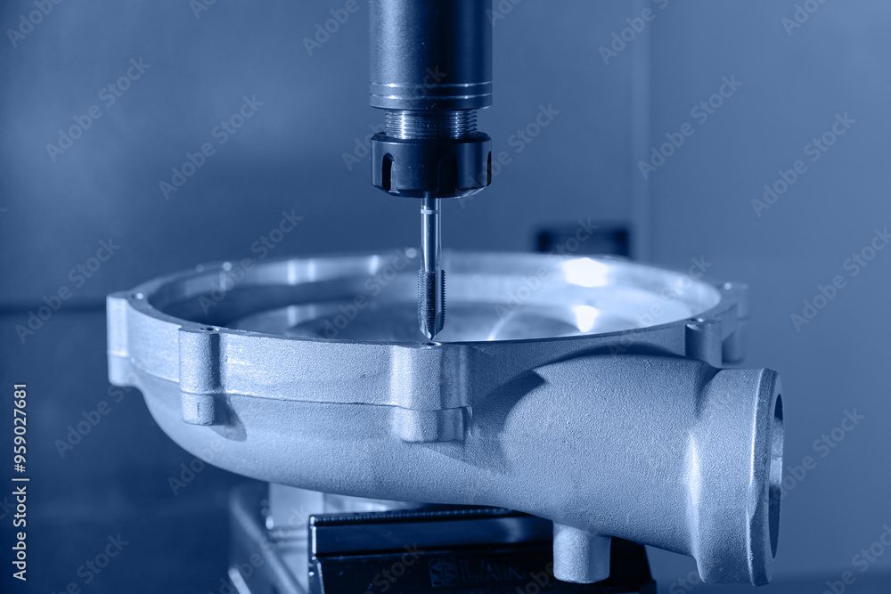 Closeup CNC milling machine during operation with engine turbine housing. Produced cutting metal parts industry car factory Closeup CNC milling machine during operation with engine turbine housing. Produced cutting metal parts industry car factory