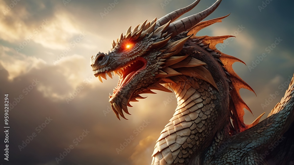 A marvelous dragon soars in the sky, conveying a sense of power and mythical adventures A marvelous dragon soars in the sky, conveying a sense of power and mythical adventures