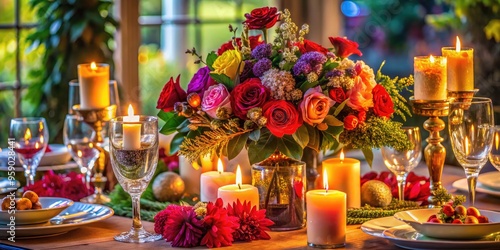 Vibrant centerpiece with candles, flowers, and decorative accents adorn a elegantly set table for a festive celebration, surrounded by wine glasses and fine china. photo