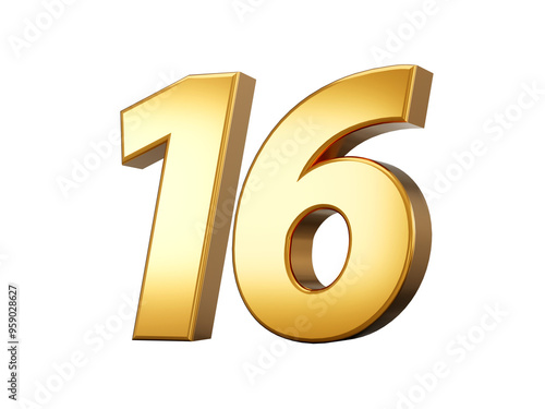 Golden metallic Number 16 Sixteen, White background 3d illustration 