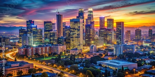 Vibrant cityscape of Los Angeles' glittering skyline at dusk, with towering skyscrapers, neon lights, and bustling streets set against a deep blue evening sky. photo