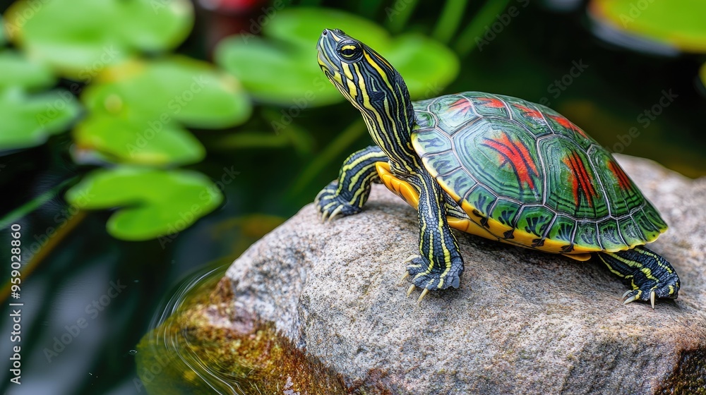 A turtle resting on a rock near water surrounded by green lily pads. A turtle resting on a rock near water surrounded by green lily pads.