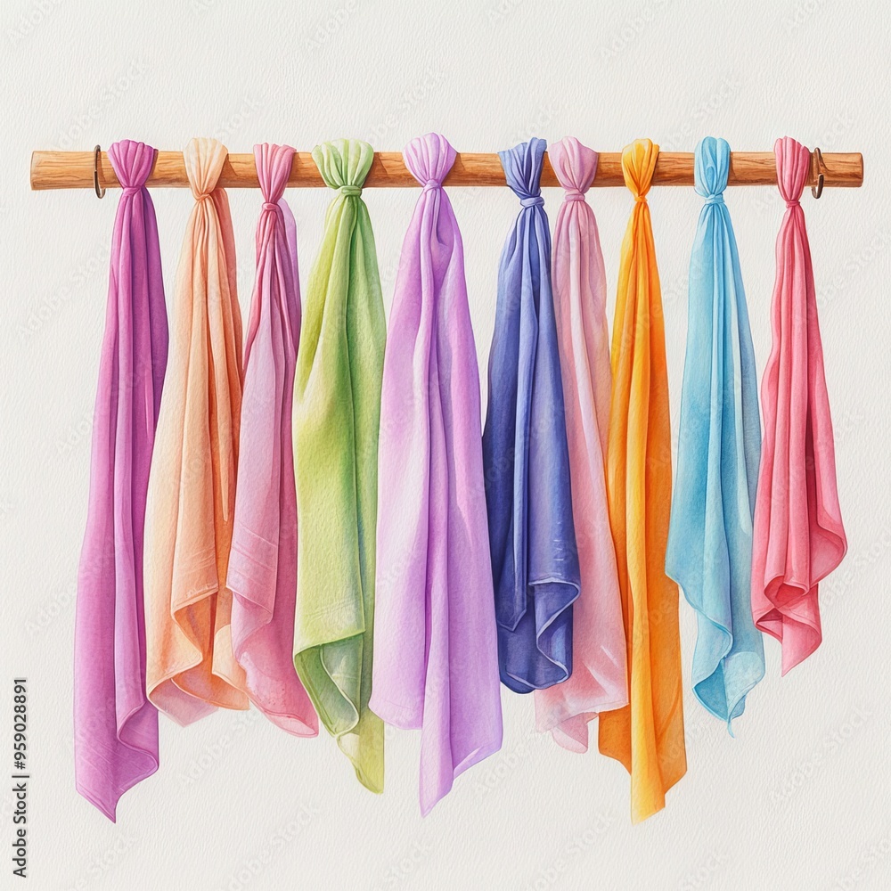A set of ten colorful, tie-dye baby swaddles hanging on a wooden rod. A set of ten colorful, tie-dye baby swaddles hanging on a wooden rod.