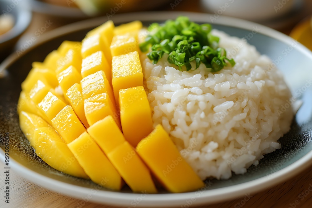 Sweet and Sumptuous Mango Sticky Rice Delight with Fresh Mango Slices - Close-up Realistic Thai Dessert Photo