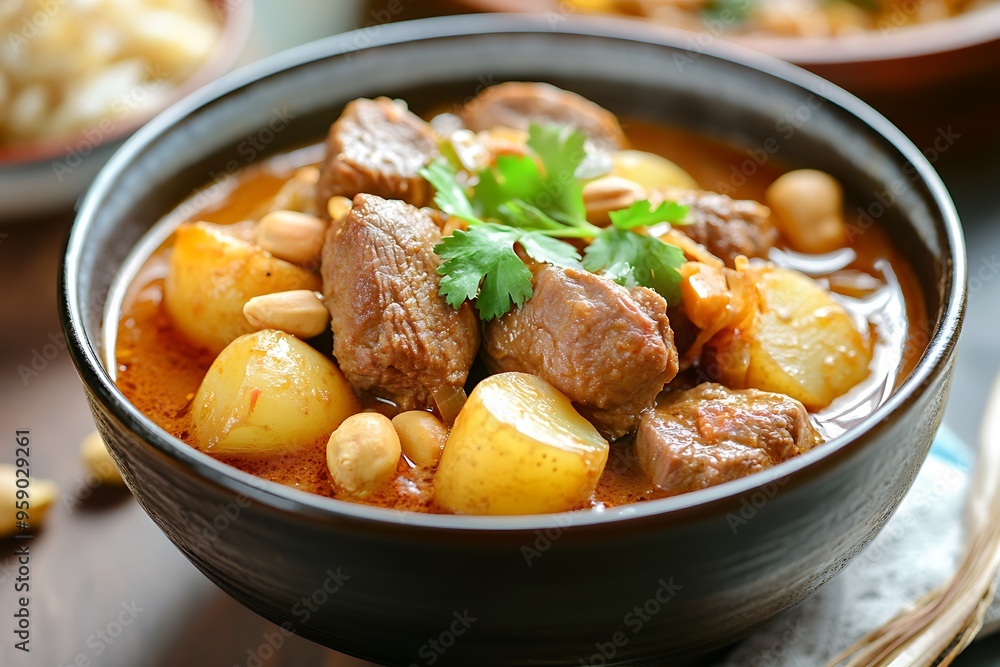 Rich and Inviting Close-up of Beef Massaman Curry with Potatoes and Peanuts, Authentic Thai Food Rich and Inviting Close-up of Beef Massaman Curry with Potatoes and Peanuts, Authentic Thai Food