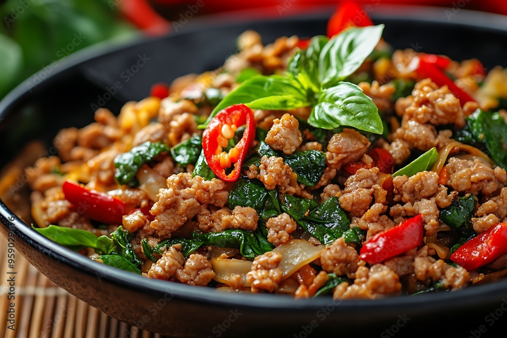 Savory Pad Kaprow with Minced Pork and Chilies - Authentic Thai Dish Close-up Shot with Focus on Spicy Ingredients Savory Pad Kaprow with Minced Pork and Chilies - Authentic Thai Dish Close-up Shot with Focus on Spicy Ingredients