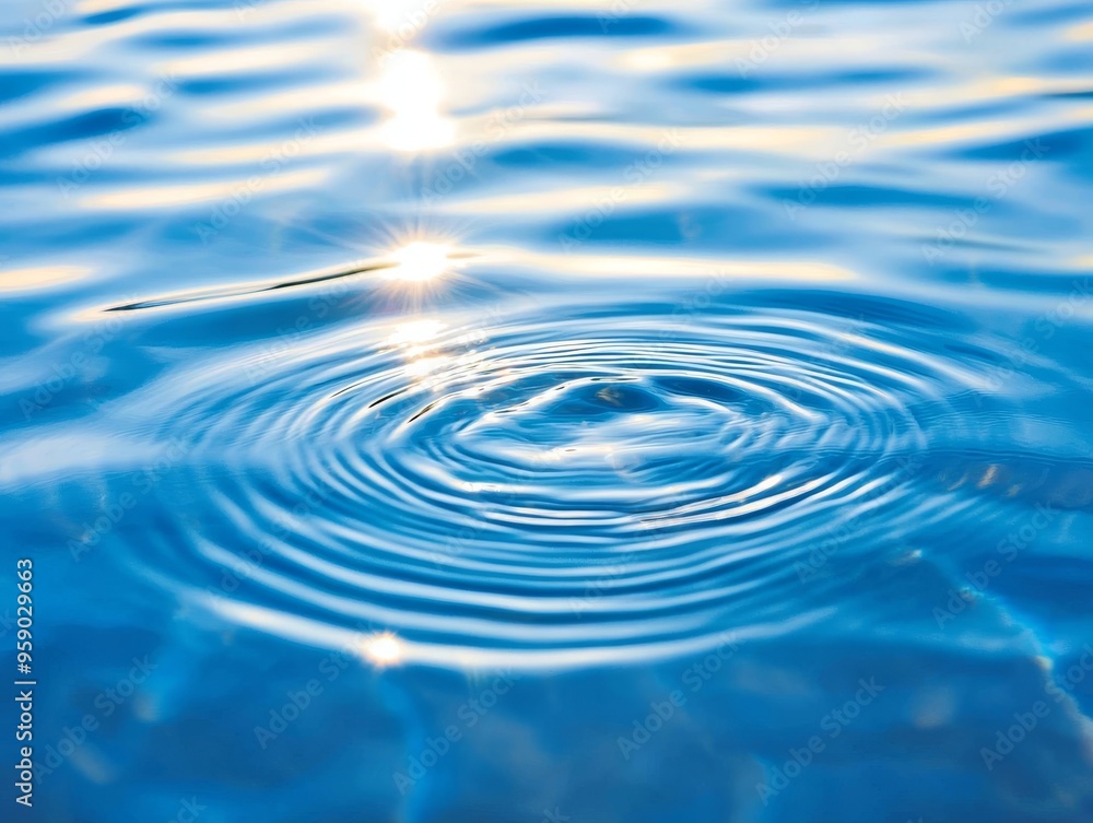 A single drop of water creates ripples on a calm blue surface, with sunlight reflecting off the water.