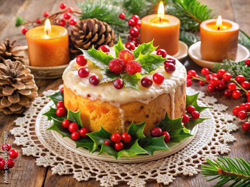 Vibrant, colorful, and ornately decorated fruitcake sits on a lace doily, surrounded by festive holly, pinecones, and candles, evoking warmth and holiday cheer.