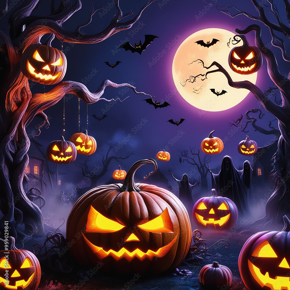 Fototapeta premium A pumpkin with a scary face is surrounded by other pumpkins with scary faces. The scene is set in a dark forest with a full moon in the background. Scene is spooky and eerie, perfect for Halloween