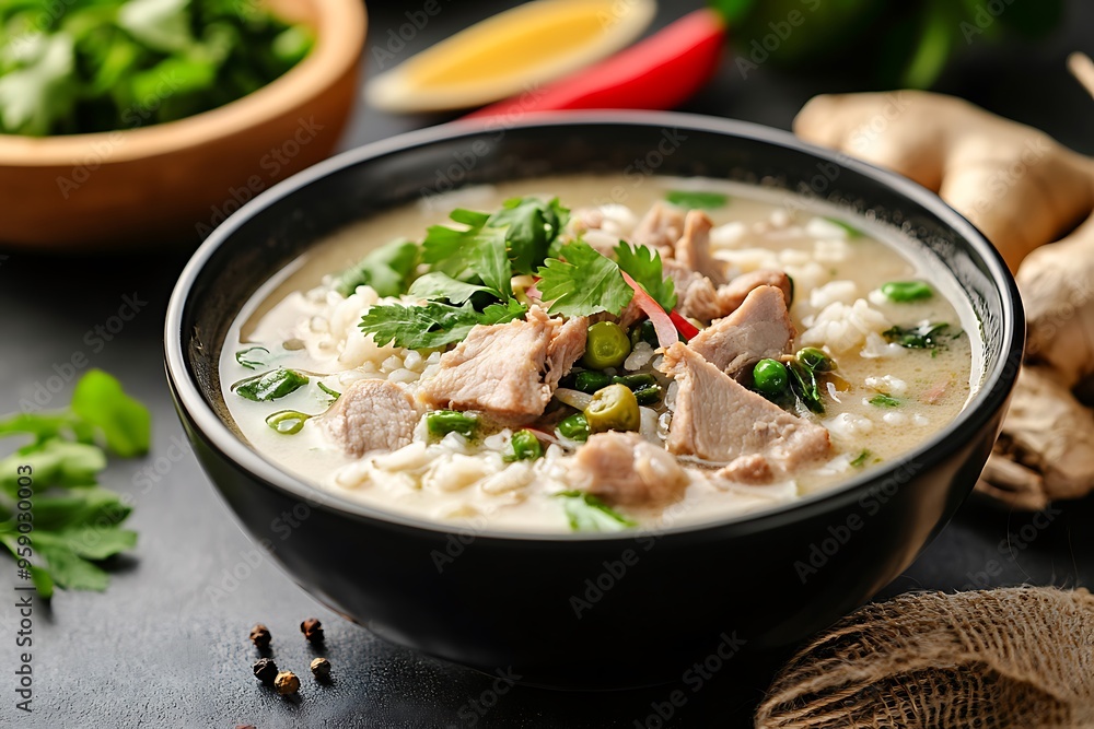 Steaming Bowl of Authentic Thai Rice Soup with Pork and Ginger, Close-up High-Resolution Image of Soothing and Warming Traditional Dish Steaming Bowl of Authentic Thai Rice Soup with Pork and Ginger, Close-up High-Resolution Image of Soothing and Warming Traditional Dish