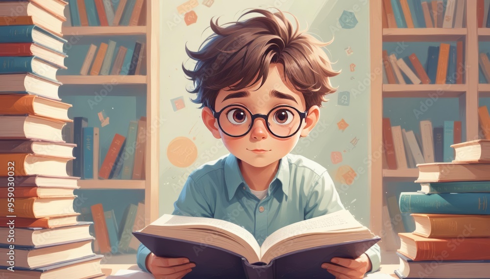 boy readings books illustration boy readings books illustration