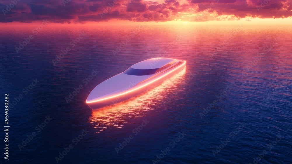 A sleek white yacht glides across calm waters at sunset. The sky is ablaze with vibrant hues of orange and pink. A sleek white yacht glides across calm waters at sunset. The sky is ablaze with vibrant hues of orange and pink.
