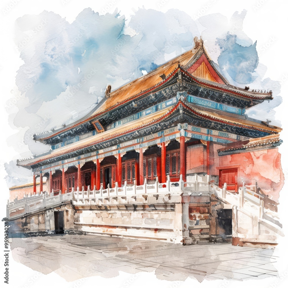 Watercolor painting of a traditional Asian temple with ornate architectural details under a partly cloudy sky. Watercolor painting of a traditional Asian temple with ornate architectural details under a partly cloudy sky.
