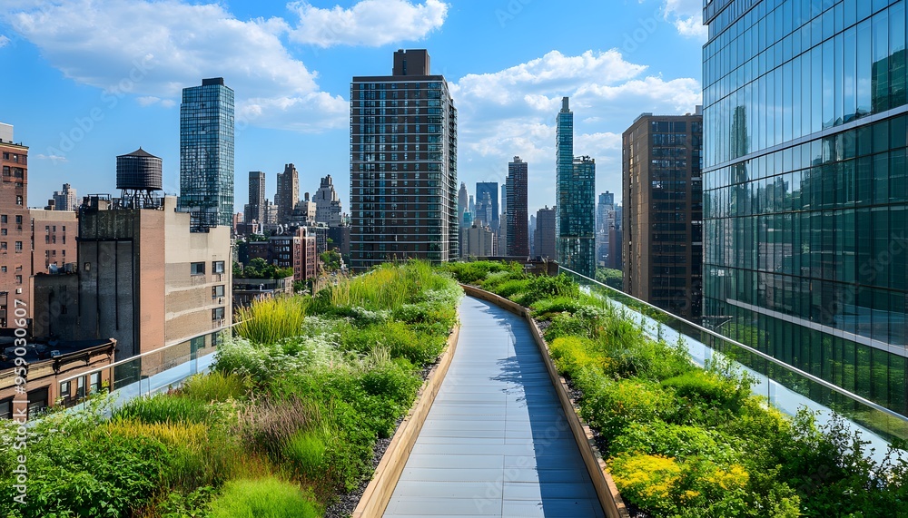 Obraz premium Rooftop Garden Pathway with City Skyline View
