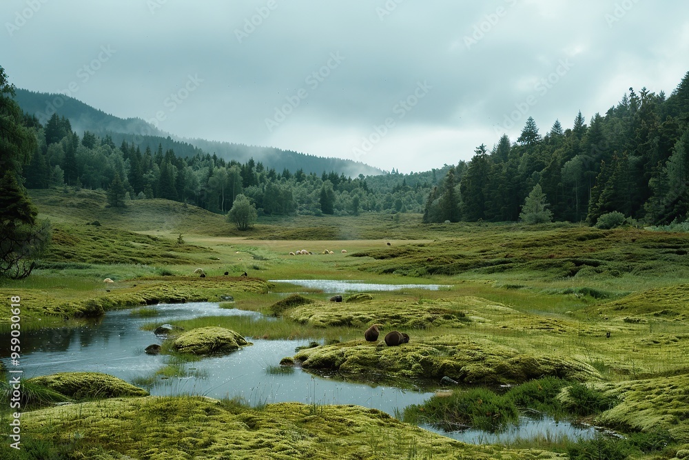 A wide-angle photo shows a vast grassland covered with moss A wide-angle photo shows a vast grassland covered with moss
