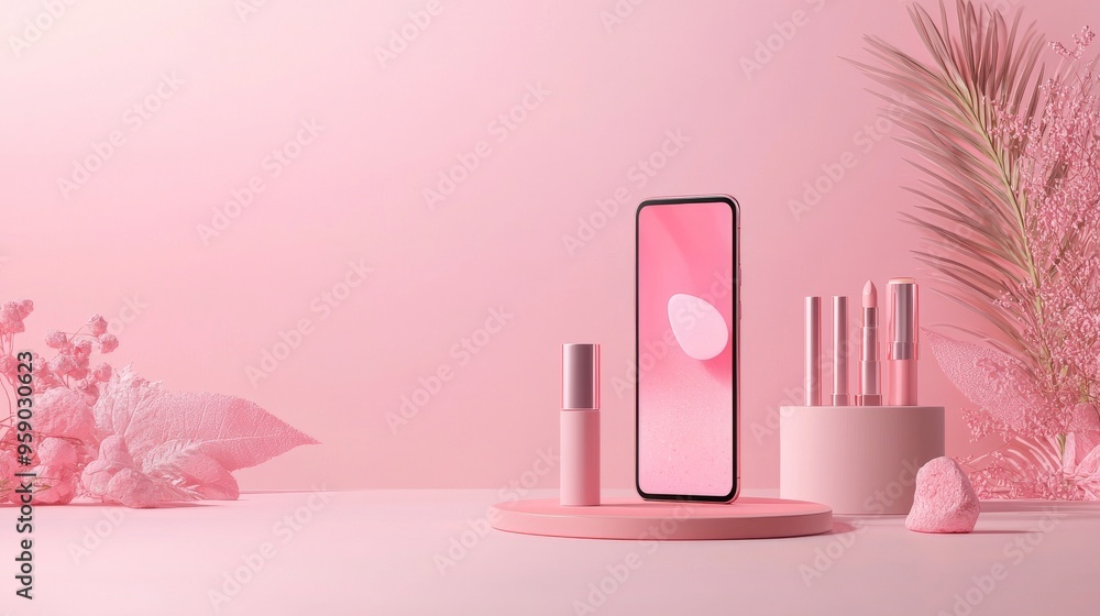 A smartphone with a blank screen stands on a pink podium with makeup brushes and other cosmetic products. A smartphone with a blank screen stands on a pink podium with makeup brushes and other cosmetic products.