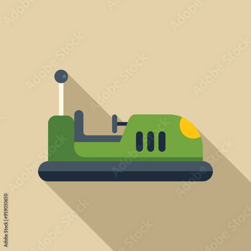 Green bumper car standing still on beige background with long shadow, in flat design
