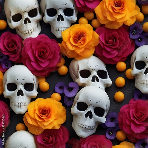 Halloween skull adorned with vibrant colorful flowers