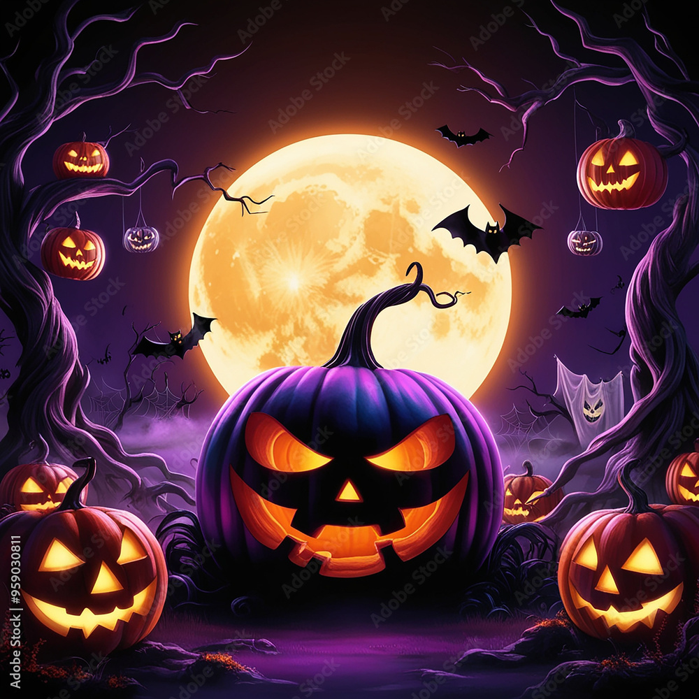 Fototapeta premium A pumpkin with a scary face is surrounded by other pumpkins with scary faces. The scene is set in a dark forest with a full moon in the background. Scene is spooky and eerie, perfect for Halloween