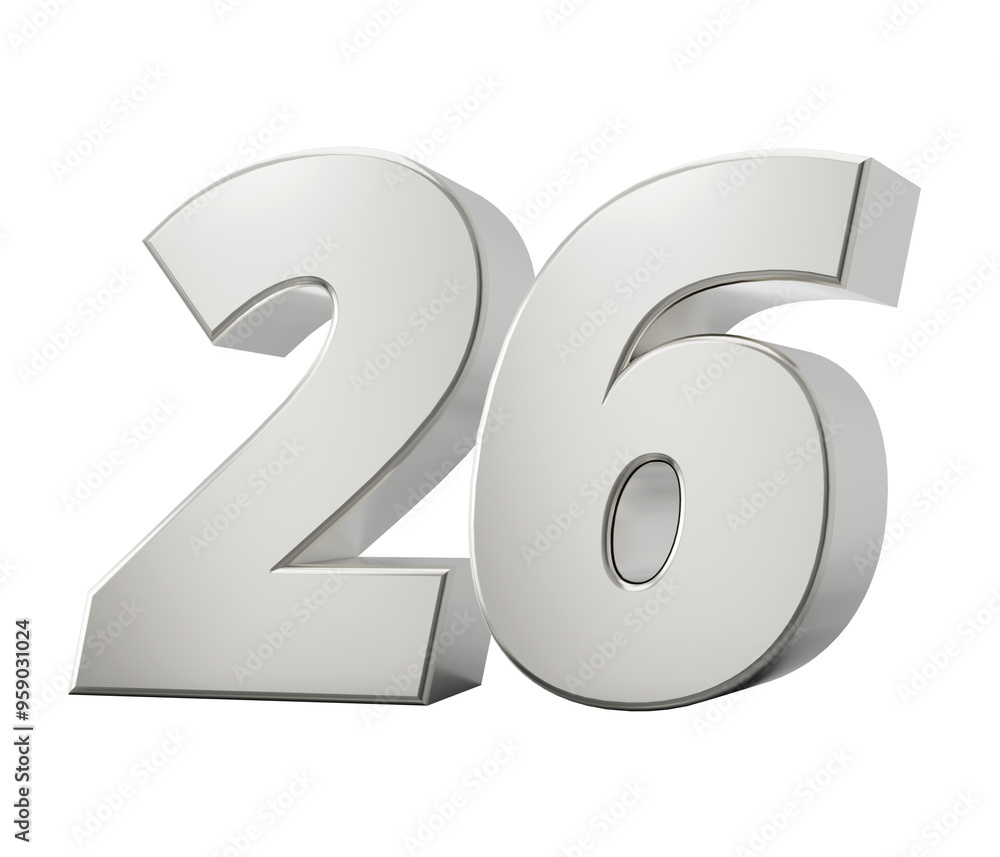 Silver 3d numbers 26 twenty six. Isolated white background 3d illustration
Silver 3d numbers 26 twenty six. Isolated white background 3d illustration