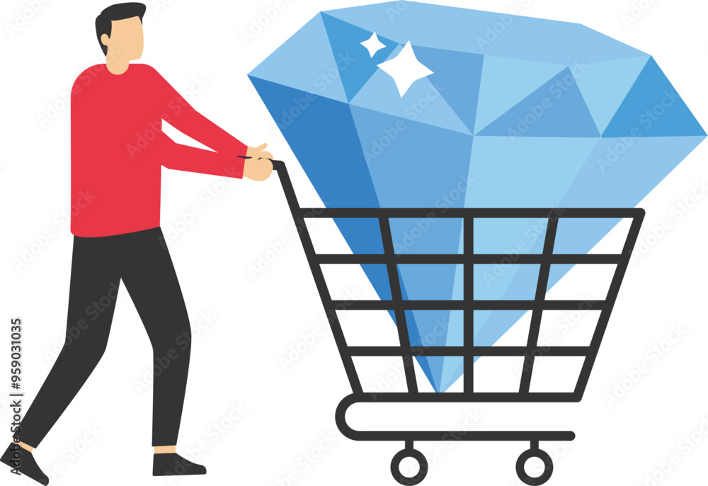 Diamond in shopping cart in businessman hand. Bargain business deal for buyer and seller. Best price shopping. Jewelry. Flat vector illustration.
Diamond in shopping cart in businessman hand. Bargain business deal for buyer and seller. Best price shopping. Jewelry. Flat vector illustration.