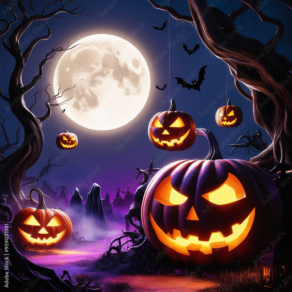 A pumpkin with a scary face is surrounded by other pumpkins with scary faces. The scene is set in a dark forest with a full moon in the background. Scene is spooky and eerie, perfect for Halloween A pumpkin with a scary face is surrounded by other pumpkins with scary faces. The scene is set in a dark forest with a full moon in the background. Scene is spooky and eerie, perfect for Halloween