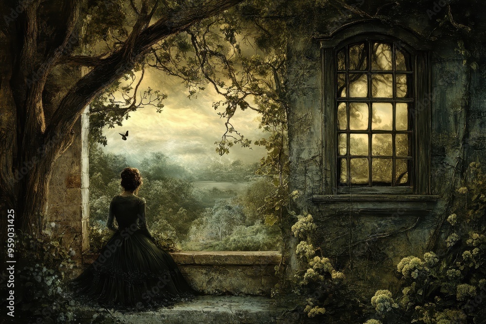 A Solitary Figure Gazes Upon a Misty Forest Landscape Through an Old Window A Solitary Figure Gazes Upon a Misty Forest Landscape Through an Old Window