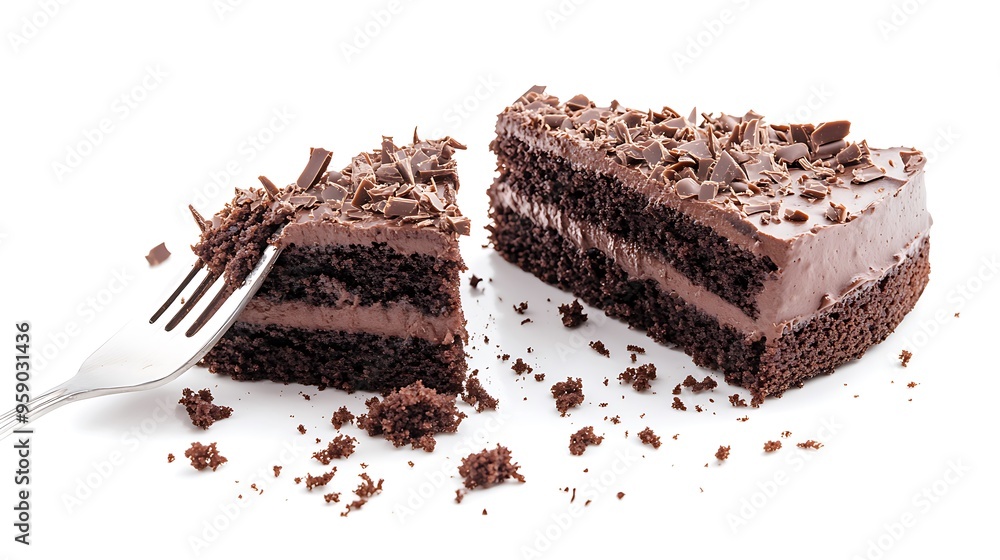 Indulgent Chocolate Cake Slices - Tempting Dessert Photography with Missing Bite and Crumbs on White Background Indulgent Chocolate Cake Slices - Tempting Dessert Photography with Missing Bite and Crumbs on White Background