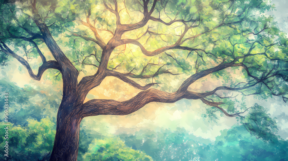 Large tree with bushy leaves and branches illustrated in chalk crayon colored pencils in an impressionist style , nature. Impressionist. Illustration Large tree with bushy leaves and branches illustrated in chalk crayon colored pencils in an impressionist style , nature. Impressionist. Illustration