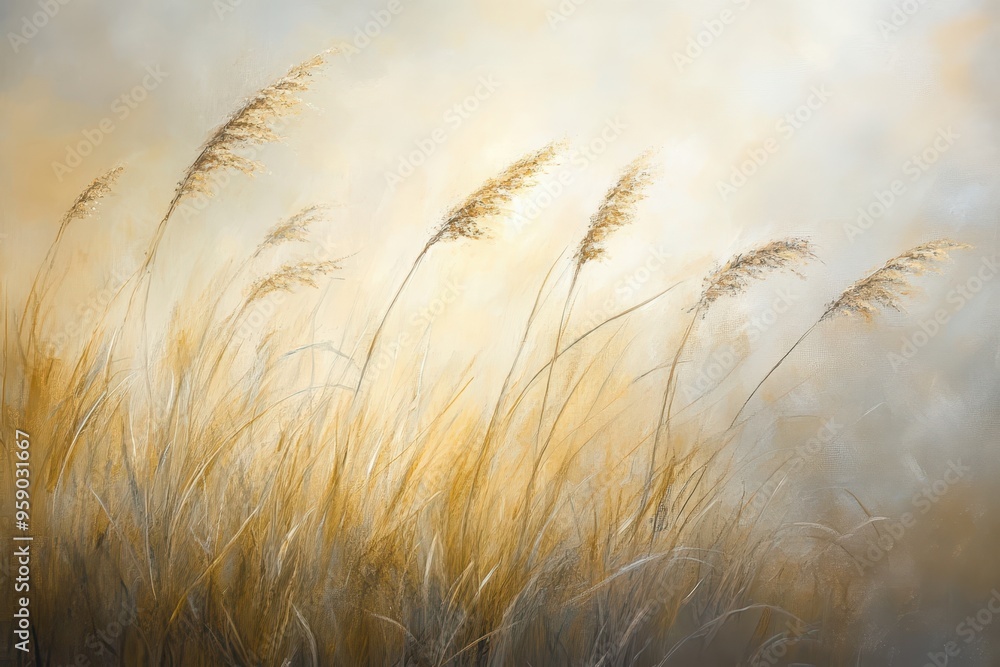 Abstract Painting of Golden Grass Blades Against a Soft Beige Background Abstract Painting of Golden Grass Blades Against a Soft Beige Background